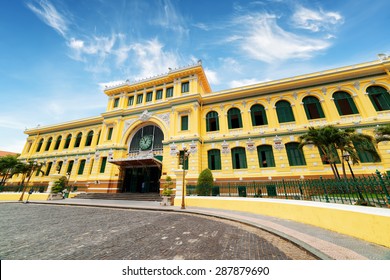 Saigon Central Post Office on blue sky background in Ho Chi Minh, Vietnam. Steel structure of the gothic building was designed by Gustave Eiffel. Ho Chi Minh is a popular tourist destination of Asia.