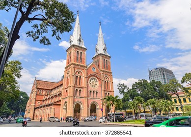 Saigon Notre-Dame Cathedral Basilica (Basilica of Our Lady of The Immaculate Conception) on blue sky background in Ho Chi Minh city, Vietnam. Ho Chi Minh is a popular tourist destination of Asia.
