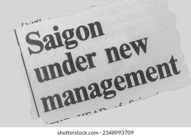 Saigon under new management - news story from 1975 UK newspaper headline article title pencil sketch