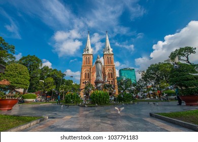 SAIGON, VIET NAM - MAR 29, 2017. Notre Dame Cathedral (Vietnamese: Nha Tho Duc Ba) in sunset, build in 1883 in Ho Chi Minh city, Vietnam. The church is established by French colonists.