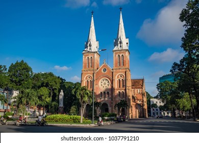 SAIGON, VIET NAM - MAR 29, 2017. Notre Dame Cathedral (Vietnamese: Nha Tho Duc Ba) in sunset, build in 1883 in Ho Chi Minh city, Vietnam. The church is established by French colonists.