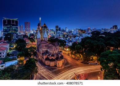 SAIGON, VIET NAM - OCTOBER 01, 2014. Notre Dame Cathedral (Vietnamese: Nha Tho Duc Ba) in sunset, build in 1883 in Ho Chi Minh city, Vietnam. The church is established by French colonists.