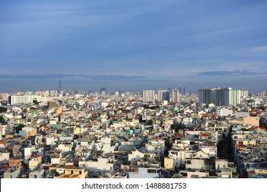                                Saigon Vietnam City Building From High Angle View. City Scape Skyline With Building House And Blue Sky, Urbanization Arial Photography