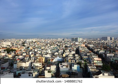                                Saigon Vietnam City Building From High Angle View. City Scape Skyline With Building House And Blue Sky, Urbanization Arial Photography