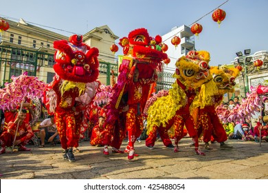 SAIGON, VIETNAM - February 18, 2015 : Dragon and lion dance show in chinese new year festival.