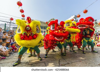 SAIGON, VIETNAM - February 18, 2015 : Dragon and lion dance show in chinese new year festival.