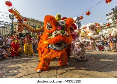 SAIGON, VIETNAM - February 18, 2015 : Dragon and lion dance show in chinese new year festival.