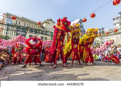 SAIGON, VIETNAM - February 18, 2015 : Dragon and lion dance show in chinese new year festival.