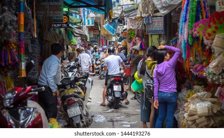 Saigon, Vietnam - June 2017: People Shopping In Crowded Asian Market, Saigon, Vietnam.