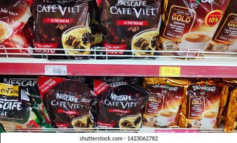 Saigon/Vietnam: 1May 19: Ca Phe Viet Coffee Package Black Brown Boxes Delicious Vietnamese Coffee Ready Made Coffee Bags On Supermarket Shelf Special Edition Black Ice Coffee No Sugar 