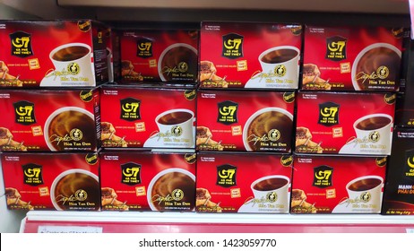 Saigon/Vietnam: 1May 19: G7 Coffee Package Red Boxes Delicious Vietnamese Coffee Ready Made Coffee Bags On Supermarket Shelf Special Edition 