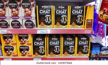 Saigon/Vietnam: 1May 19: Nestle Coffee 3 In 1 Vina Cafe Package Red Boxes Delicious Vietnamese Coffee Ready Made Coffee Bags On Supermarket Shelf Special Edition Black Ice Coffee Traditional Breakfast