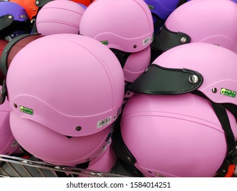 Saigon/Vietnam: 1May19: Pile Of Red And Black Helmets In Supermarket Head Protection In Transportation Accessories 