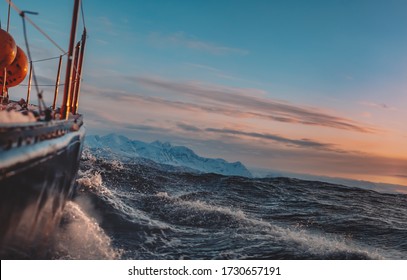 Sail Boat On Rough Morning In Norway Sea Water With Splashes, Side View With Snowy Mountains On Background