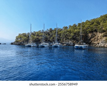 Sail boats anchored in a quiet bay, lapping up the waves and the shining sun. - Powered by Shutterstock