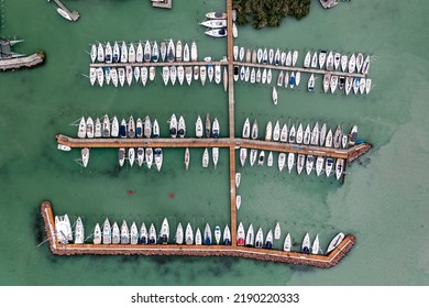 Sail Boats In Pier Of Balaton Lake, Top View.