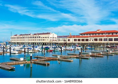 Sail boats and yachts docked at Gashouse Cove Marina at Fort Mason Center for Arts and Culture - San Francisco, California, USA - 2020