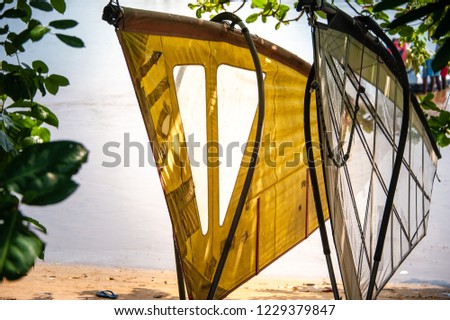 Sailboards stand along shoreline framed by green leafy vegetation, at a coastal resort.