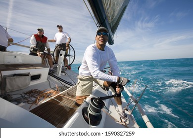 Sailboat Crew Out On Open Sea