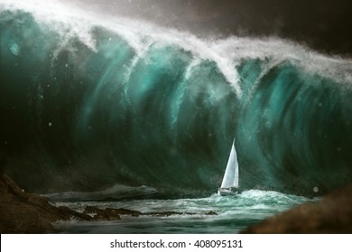 Sailboat in front of a tsunami