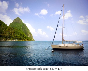 A Sailboat And Gros Piton In St. Lucia.