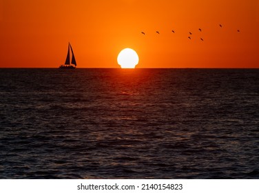 A Sailboat Sailing Along The Sea And Birds Flying Overhead In A Color Sunset Sky