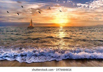 A Sailboat Is Sailing Out To Sea As a Gentle Wave Rolls to Shore
