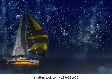 A sailboat sails under the starry sky. Space for text