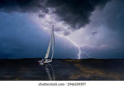 Sailboat In The Storm Sea.Boat In The Storm.