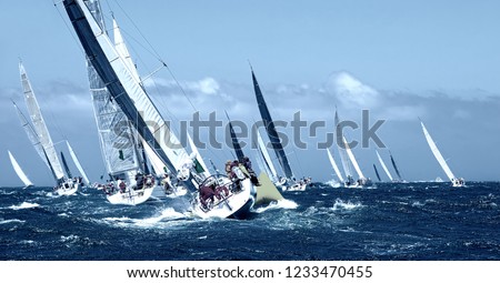 Sailboat under white sails at the regatta. Sailing yacht race
