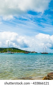 Sailboats anchored offshore Charlotte Amalie in St. Thomas US Virgin Islands.