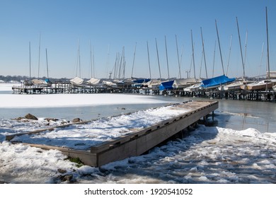 Sailboats Docked Over Frozen White Rock Lake In Dallas Texas During The February Winter Storm 2021