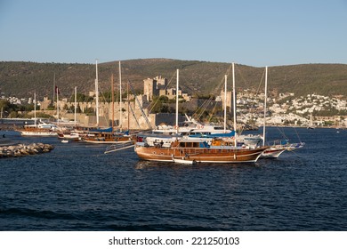 Sailboats in front of Bodrum Castle in Aegean Turkey