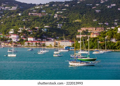 Sailboats moored in bay on St Thomas