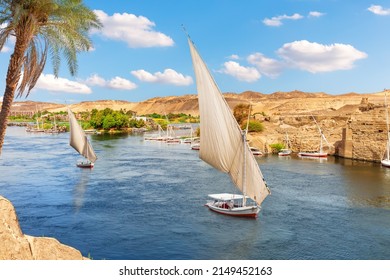 Sailboats of the Nile, famous view of Aswan city, Egypt - Shutterstock ID 2149452163