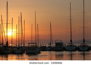 Sailboats In Port Of Le Brusc, Near Bandol, French Riviera, At Sunset