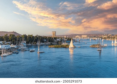 sailboats at Stunning Nile River View at Sunset in Aswan, Egypt - Powered by Shutterstock