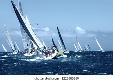 Sailboats Yachts Under Sail With Spinnakers At The Regatta. Sailing Yacht Race. Yachting