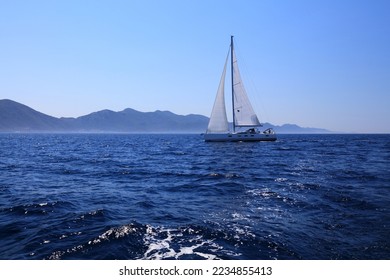 Sailing adventure on Adriatic Sea, Croatia. Sailboat vaaction in summer.