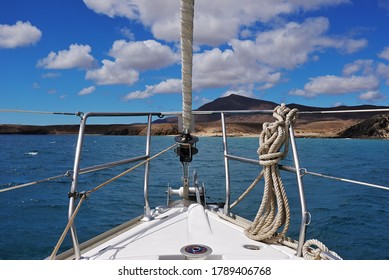 A Sailing Boat In The Atlantic Ocean. Lanzarote, Spain.  Canary Islands Archipelago 