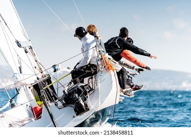 Sailing Boat In Light Wind During Regatta Competition