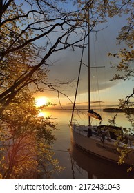 Sailing Boat At Masuria Lakes During Sunset In The Summer