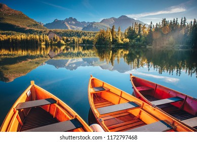 Sailing boat. Mountain landscape. Mountain lake. Outdoor recreation. Strbske pleso, Slovakia - Powered by Shutterstock