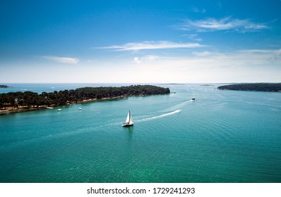 Sailing boat on beautiful Adriatic Sea in Medulin Pula Croatia, aerial view - Shutterstock ID 1729241293