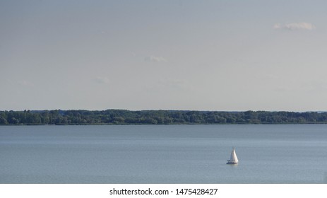 Sailing Boat On Beautiful Lake Balaton, Hungary On A Hot Summer Day, Copy Space.