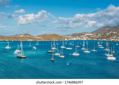 Sailing boats and yachts anchored in the Long Bay marina in Harbor of Charlotte Amalie, St. Thomas, United States Virgin Islands