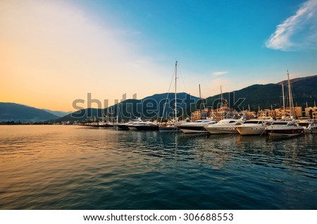 Sailing boats and yachts in marina at sunset. Tivat. Montenegro