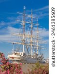 Sailing frigate in harbor in spring time of Gdynia, Poland