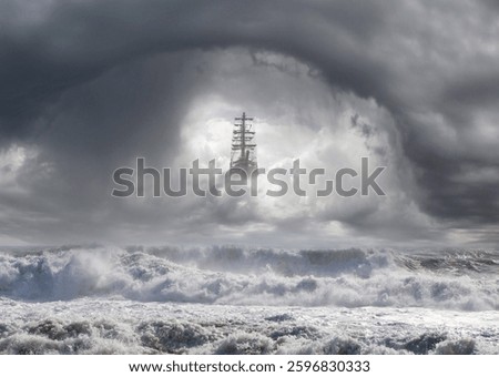 Sailing old ship flying over the clouds with stormy sky
