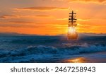 Sailing old ship in storm sea heavy sunset clouds in the background